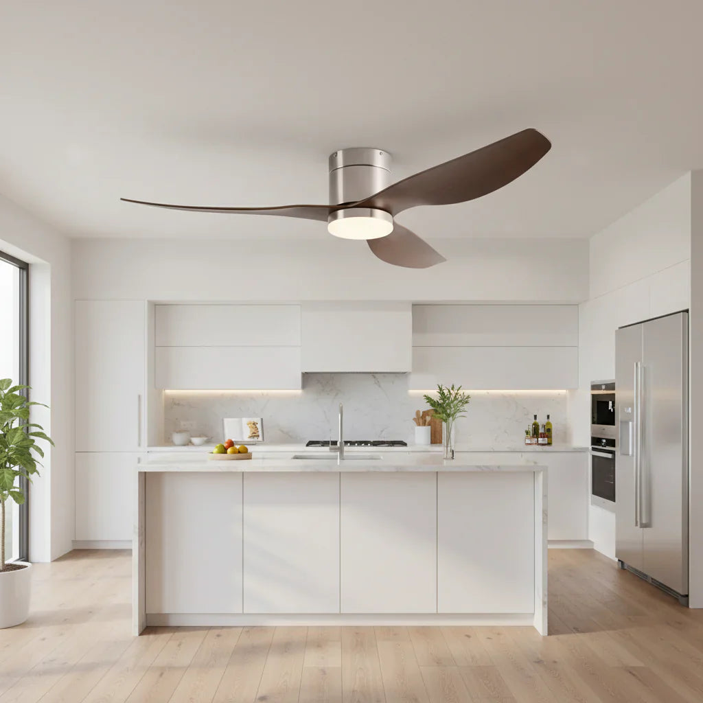 Cyrus | Ventilador LED integrada plata y madera oscura
