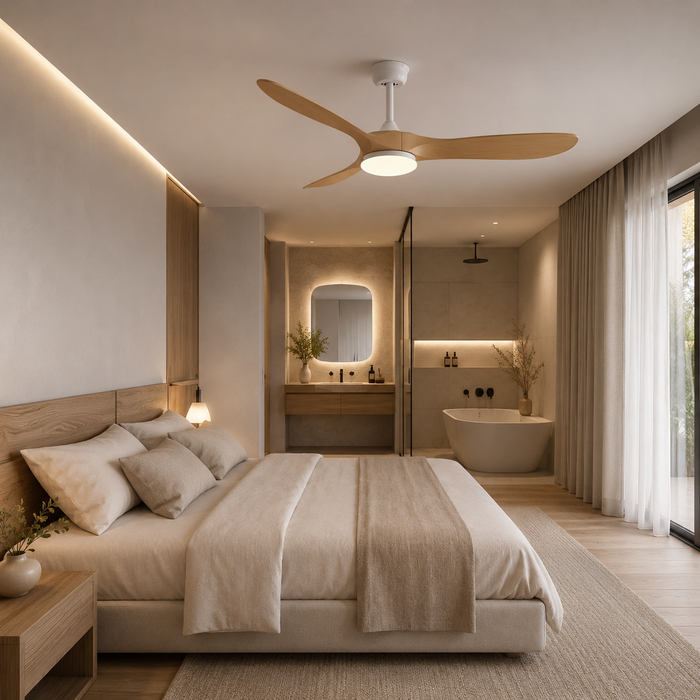 Aria | Ventilador vintage blanco y madera natural, LED