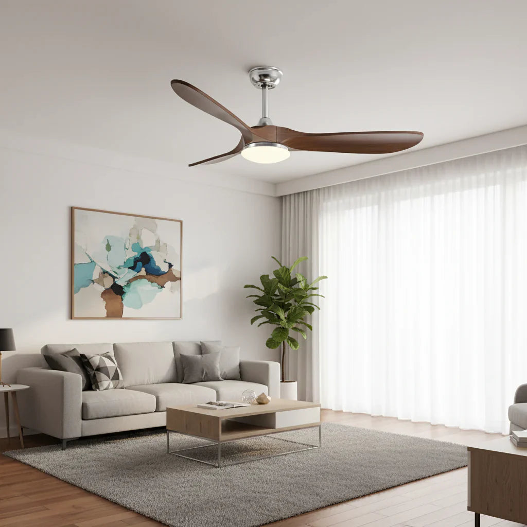 Khamsin | Ventilador vintage plata y madera oscura, LED