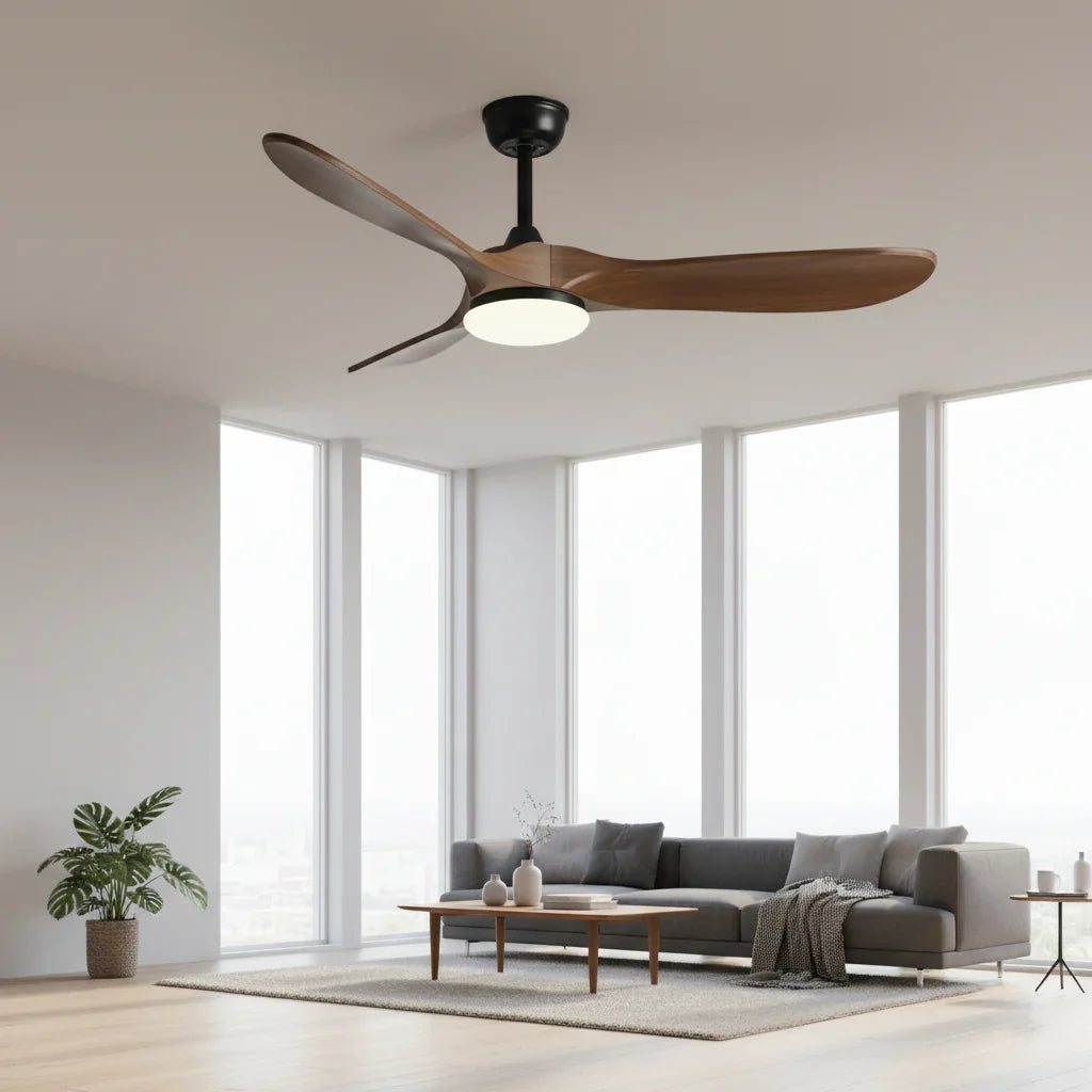 Mistral | Ventilador vintage negro y madera oscura, LED